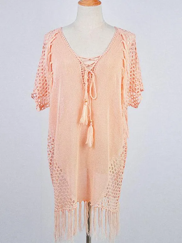 Couvre-maillot Blanc Frange Col en V Demi Manches Acrylique D'été Sexy Maillots De Bain
