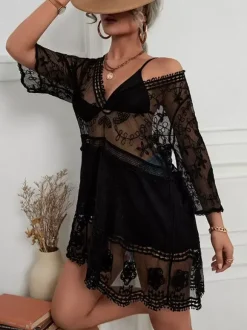 Couvre-maillot Courte Femme à Col Décolleté avec Manches Longues Bas Evasée Unicolore