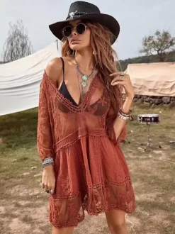 Couvre-maillot Courte Femme à Col Décolleté avec Manches Longues Bas Evasée Unicolore