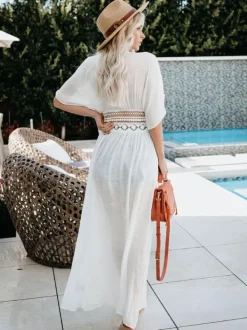 Couvre-maillot Longue en Mousseline Femme avec Manches Courtes Volantes Coupe Cintrée à Lacets avec Fente Creusante Robe Longue