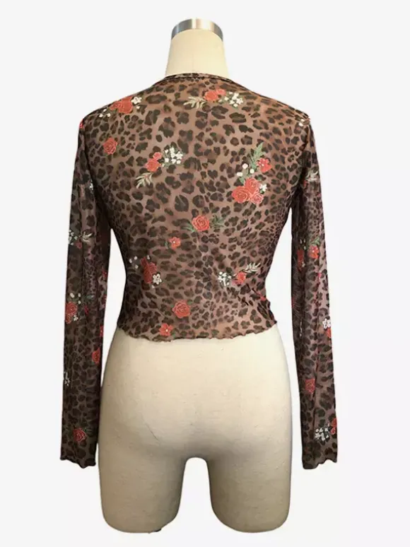 Crop top à manches longues en maille imprimé floral léopard et rose coupe ajustée collection femme 2026