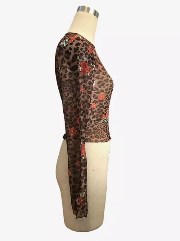 Crop top à manches longues en maille imprimé floral léopard et rose coupe ajustée collection femme 2026
