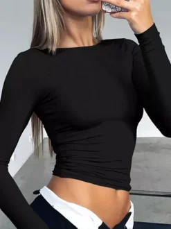 Crop top ajusté à manches longues et col rond pour femme - T-shirt basique doux et extensible coupe slim Y2K - Streetwear printemps 2026