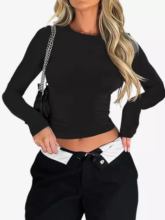 Crop top ajusté à manches longues et col rond pour femme - T-shirt basique doux et extensible coupe slim Y2K - Streetwear printemps 2026