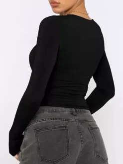 Crop top ajusté à manches longues et col rond pour femme - T-shirt basique doux et extensible coupe slim Y2K - Streetwear printemps 2026