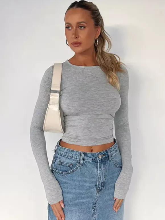Crop top ajusté à manches longues et col rond pour femme - T-shirt basique doux et extensible coupe slim Y2K - Streetwear printemps 2026