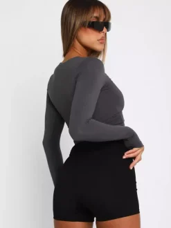 Crop top ajusté à manches longues et col rond pour femme - T-shirt basique doux et extensible coupe slim Y2K - Streetwear printemps 2026