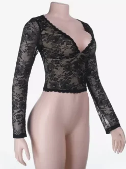Crop top en dentelle florale pour femme - Noir sexy col en V manches longues - Tenue de soirée printanière 2026