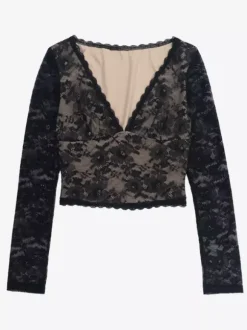 Crop top en dentelle florale pour femme - Noir sexy col en V manches longues - Tenue de soirée printanière 2026