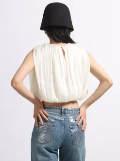 Crop top femme abricot à col bijou chic plissé sans manches