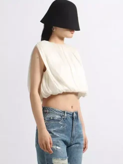 Crop top femme abricot à col bijou chic plissé sans manches