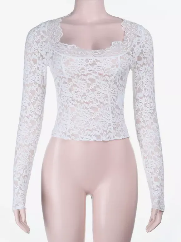 Crop top transparent en dentelle florale blanche pour femme - Chemisier à manches longues et col carré festonné - Style coquette romantique et français idéal pour les sorties (collection 2026)