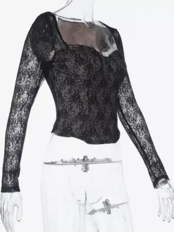 Crop top corset en dentelle noire pour femme - Chemisier bustier gothique à manches longues et décolleté c艙ur - Soirée printanière 2026