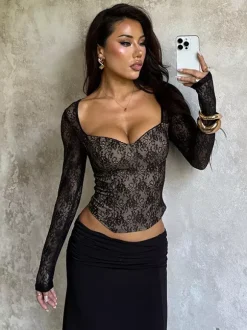 Crop top corset en dentelle noire pour femme - Chemisier bustier gothique à manches longues et décolleté c艙ur - Soirée printanière 2026