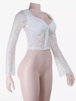 Crop top en dentelle florale pour femme - Chemisier blanc élégant à manches longues col en V et coupe ajustée - Tenue de soirée printanière 2026
