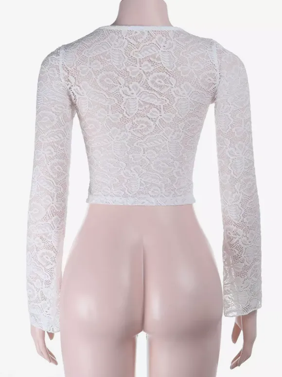 Crop top en dentelle florale pour femme - Chemisier blanc élégant à manches longues col en V et coupe ajustée - Tenue de soirée printanière 2026