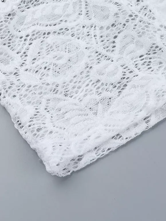 Crop top en dentelle florale pour femme - Chemisier blanc élégant à manches longues col en V et coupe ajustée - Tenue de soirée printanière 2026