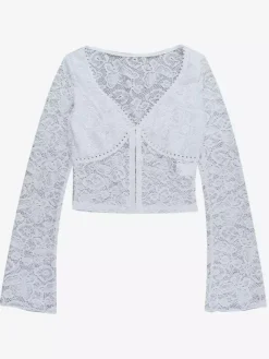 Crop top en dentelle florale pour femme - Chemisier blanc élégant à manches longues col en V et coupe ajustée - Tenue de soirée printanière 2026