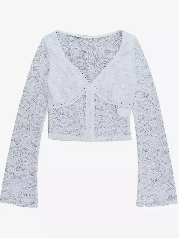 Crop top en dentelle florale pour femme - Chemisier blanc élégant à manches longues col en V et coupe ajustée - Tenue de soirée printanière 2026
