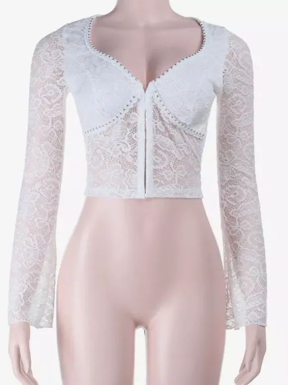 Crop top en dentelle florale pour femme - Chemisier blanc élégant à manches longues col en V et coupe ajustée - Tenue de soirée printanière 2026