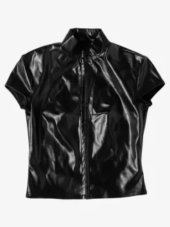 Crop top en similicuir pour femme - Haut noir sexy à manches courtes et col montant découpé - Tenue de club rave d'été 2026