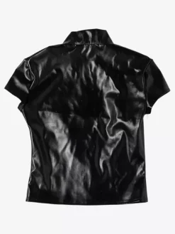 Crop top en similicuir pour femme - Haut noir sexy à manches courtes et col montant découpé - Tenue de club rave d'été 2026