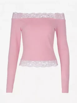 Crop top épaules dénudées à bordure en dentelle pour femme - Blouse slim à manches longues style années 2000 - Collection printemps streetwear 2026