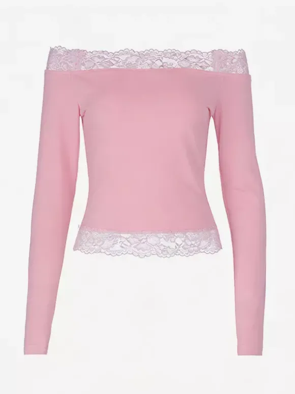 Crop top épaules dénudées à bordure en dentelle pour femme - Blouse slim à manches longues style années 2000 - Collection printemps streetwear 2026