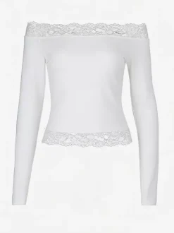 Crop top épaules dénudées à bordure en dentelle pour femme - Blouse slim à manches longues style années 2000 - Collection printemps streetwear 2026