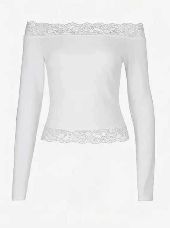Crop top épaules dénudées à bordure en dentelle pour femme - Blouse slim à manches longues style années 2000 - Collection printemps streetwear 2026