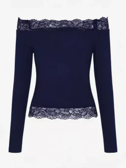 Crop top épaules dénudées à bordure en dentelle pour femme - Blouse slim à manches longues style années 2000 - Collection printemps streetwear 2026
