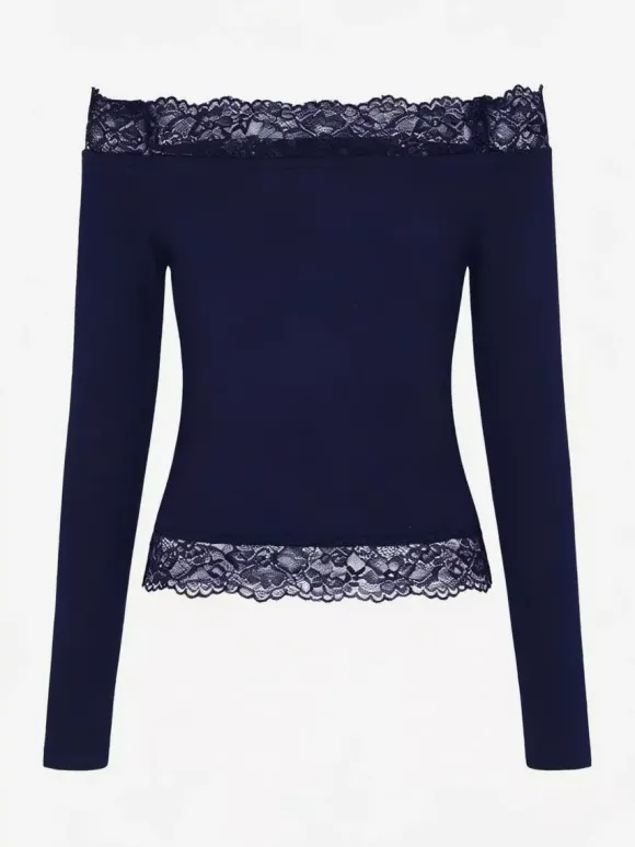 Crop top épaules dénudées à bordure en dentelle pour femme - Blouse slim à manches longues style années 2000 - Collection printemps streetwear 2026