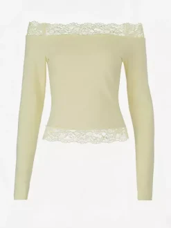 Crop top épaules dénudées à bordure en dentelle pour femme - Blouse slim à manches longues style années 2000 - Collection printemps streetwear 2026