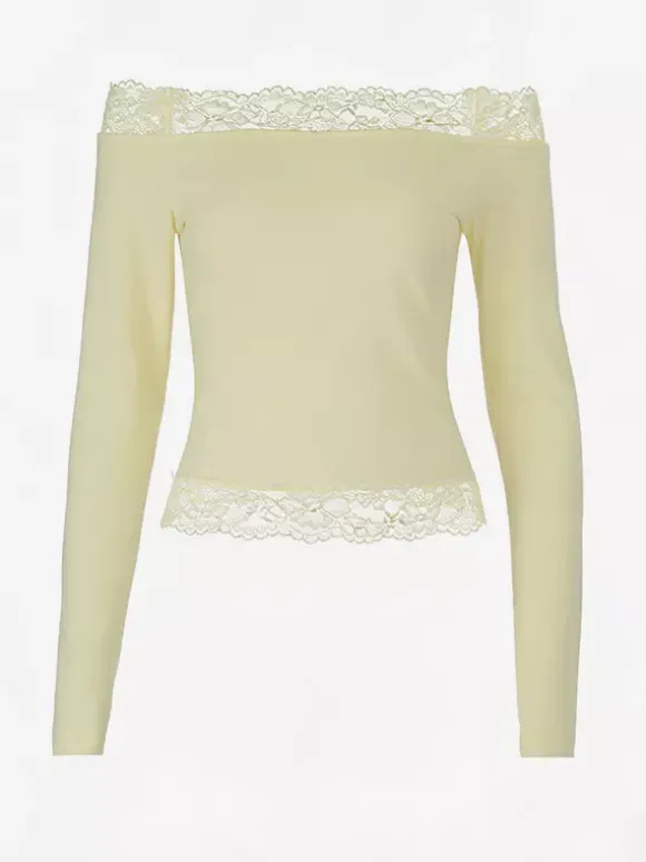 Crop top épaules dénudées à bordure en dentelle pour femme - Blouse slim à manches longues style années 2000 - Collection printemps streetwear 2026