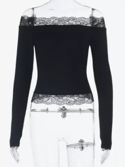 Crop top épaules dénudées à bordure en dentelle pour femme - Blouse slim à manches longues style années 2000 - Collection printemps streetwear 2026