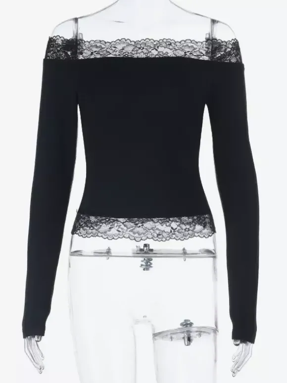 Crop top épaules dénudées à bordure en dentelle pour femme - Blouse slim à manches longues style années 2000 - Collection printemps streetwear 2026