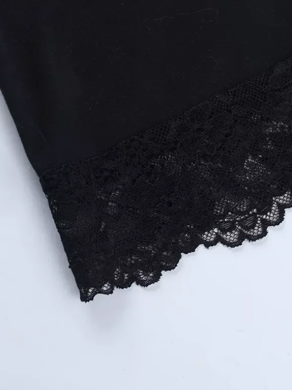 Crop top épaules dénudées à bordure en dentelle pour femme - Blouse slim à manches longues style années 2000 - Collection printemps streetwear 2026