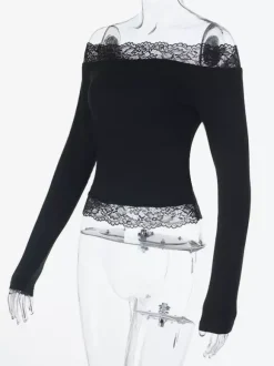 Crop top épaules dénudées à bordure en dentelle pour femme - Blouse slim à manches longues style années 2000 - Collection printemps streetwear 2026