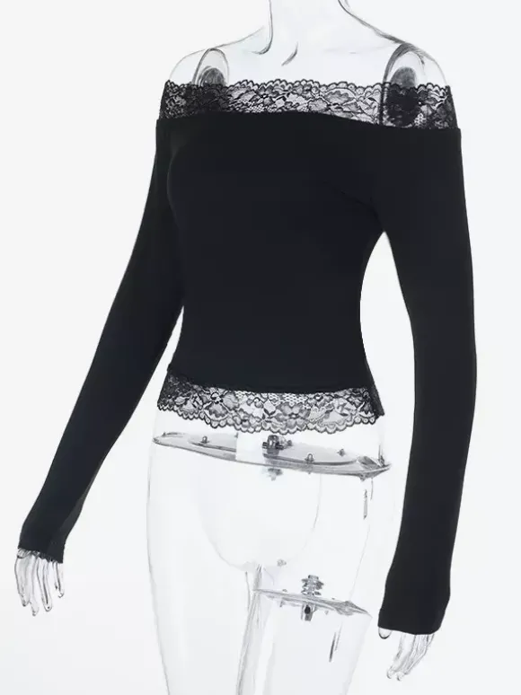 Crop top épaules dénudées à bordure en dentelle pour femme - Blouse slim à manches longues style années 2000 - Collection printemps streetwear 2026
