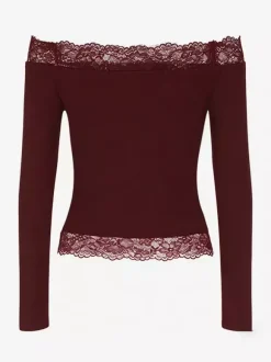 Crop top épaules dénudées à bordure en dentelle pour femme - Blouse slim à manches longues style années 2000 - Collection printemps streetwear 2026