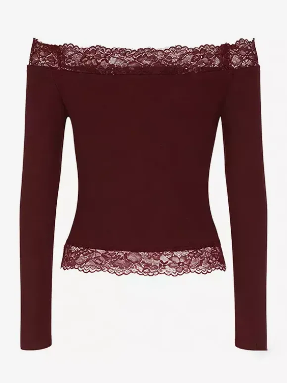 Crop top épaules dénudées à bordure en dentelle pour femme - Blouse slim à manches longues style années 2000 - Collection printemps streetwear 2026