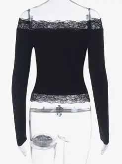 Crop top épaules dénudées à bordure en dentelle pour femme - Blouse slim à manches longues style années 2000 - Collection printemps streetwear 2026