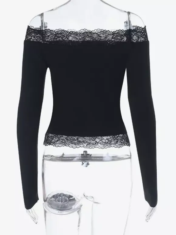 Crop top épaules dénudées à bordure en dentelle pour femme - Blouse slim à manches longues style années 2000 - Collection printemps streetwear 2026
