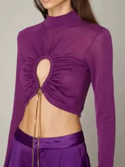 Crop top violet à col montant et manches longues à découpes apparentes.