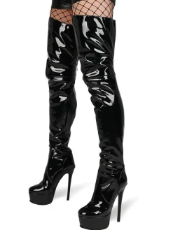 Cuissardes à plateforme en cuir à bout rond en cuir brillant avec fermeture éclair à talons hauts
