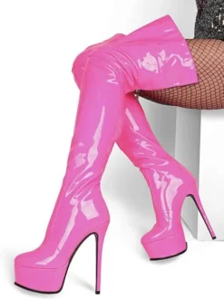 Cuissardes à plateforme en cuir à bout rond en cuir brillant avec fermeture éclair à talons hauts