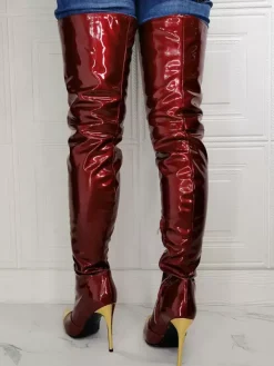 Cuissardes à talon aiguille pour femmes en cuir verni brillant bordeaux