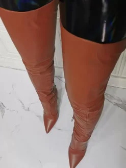Cuissardes à Talons Hauts Femme avec Bout Pointu à Zip en Cuir Synthétique Unicolore