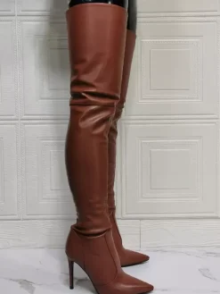 Cuissardes à Talons Hauts Femme avec Bout Pointu à Zip en Cuir Synthétique Unicolore