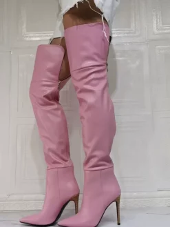 Cuissardes à Talons Hauts Femme avec Bout Pointu à Zip en Cuir Synthétique Unicolore